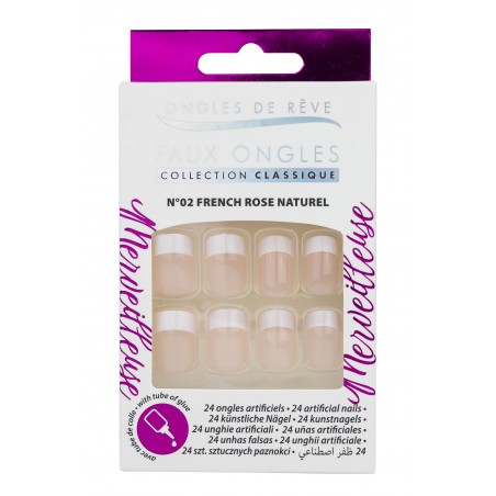 N°02 Faux Ongles French Rose Naturel – Ongles de Rêve Classique (24 pcs avec colle)